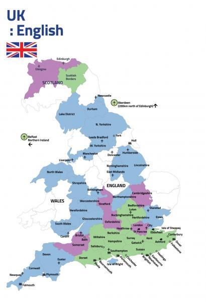 Карта Великобритании с границами регионов для градации стоимости программы "Язык в семье преподавателя"